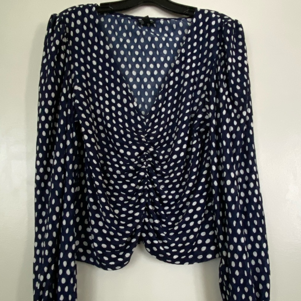 Topshop navy blue with white polka dot silk top